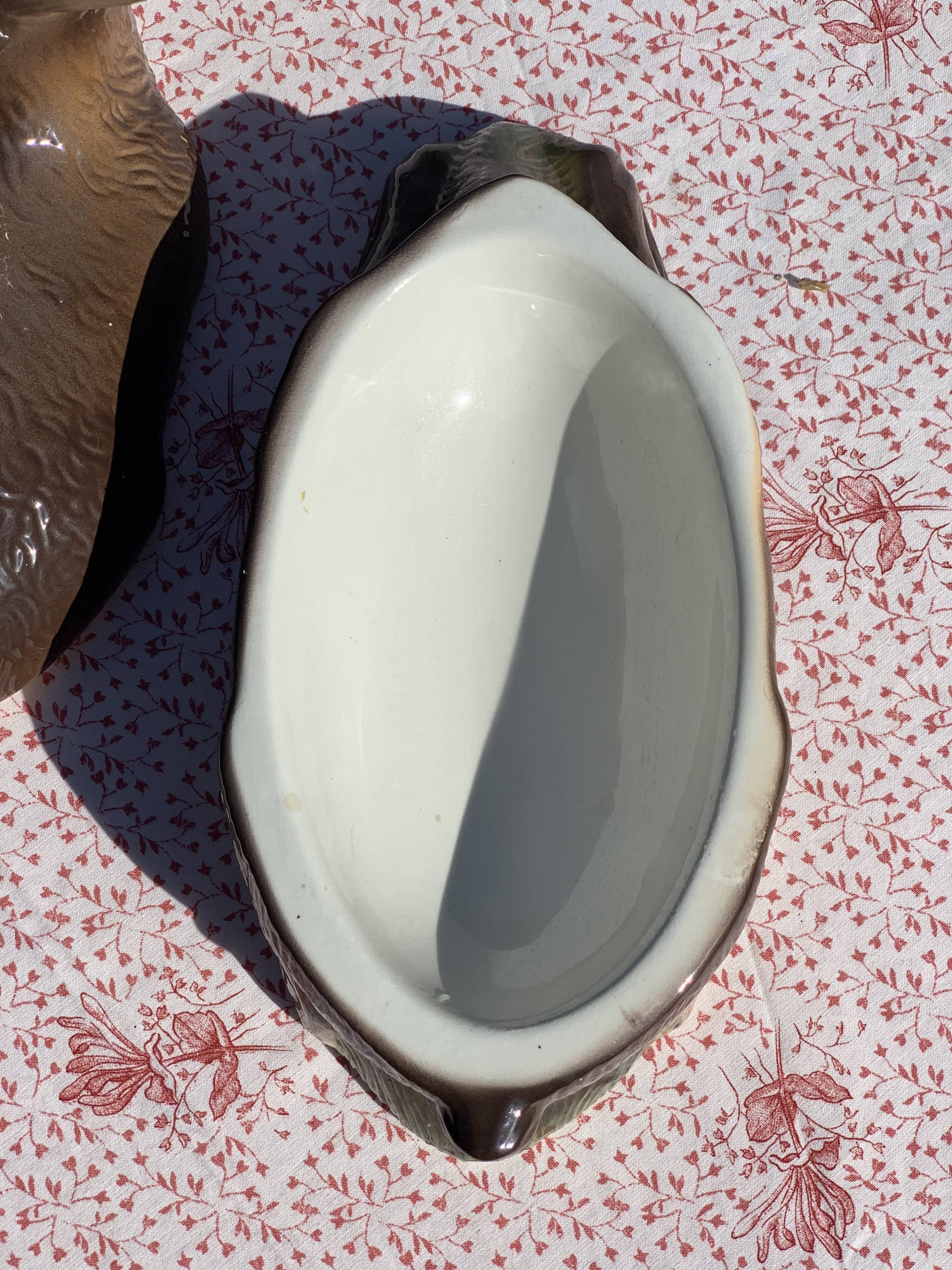 Ancient zoomorphic terrine in the shape of a deer, enamelled earthenware, Caugant