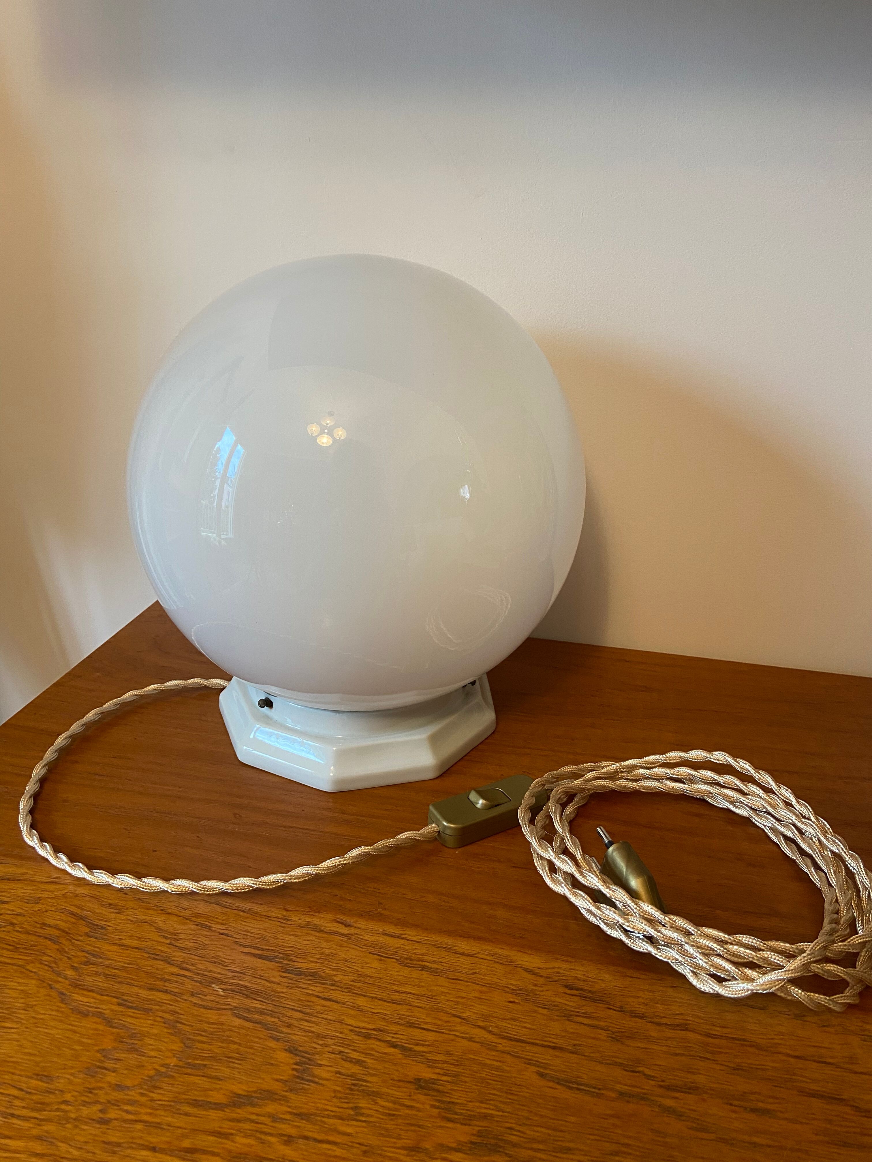 Vintage table lamp opaline ball and earthenware base