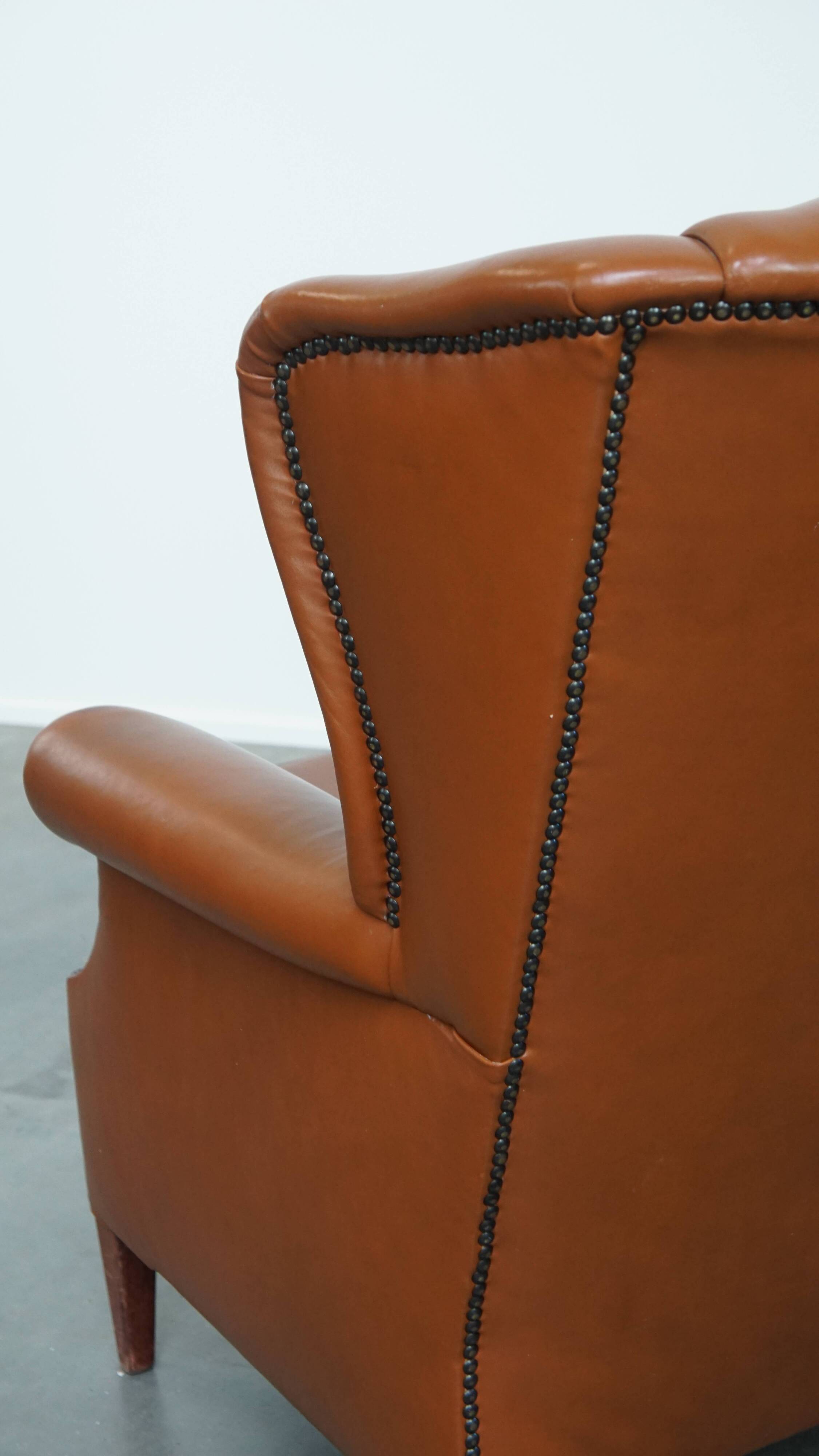 Cognac-Colored Cowhide Leather Wingback Chair in English Style