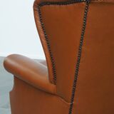 Cognac-Colored Cowhide Leather Wingback Chair in English Style