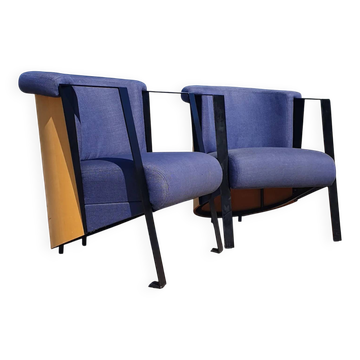 Set of 2 - Post-modern cubic lounge chairs in plywood and metal, 1980s-1990s