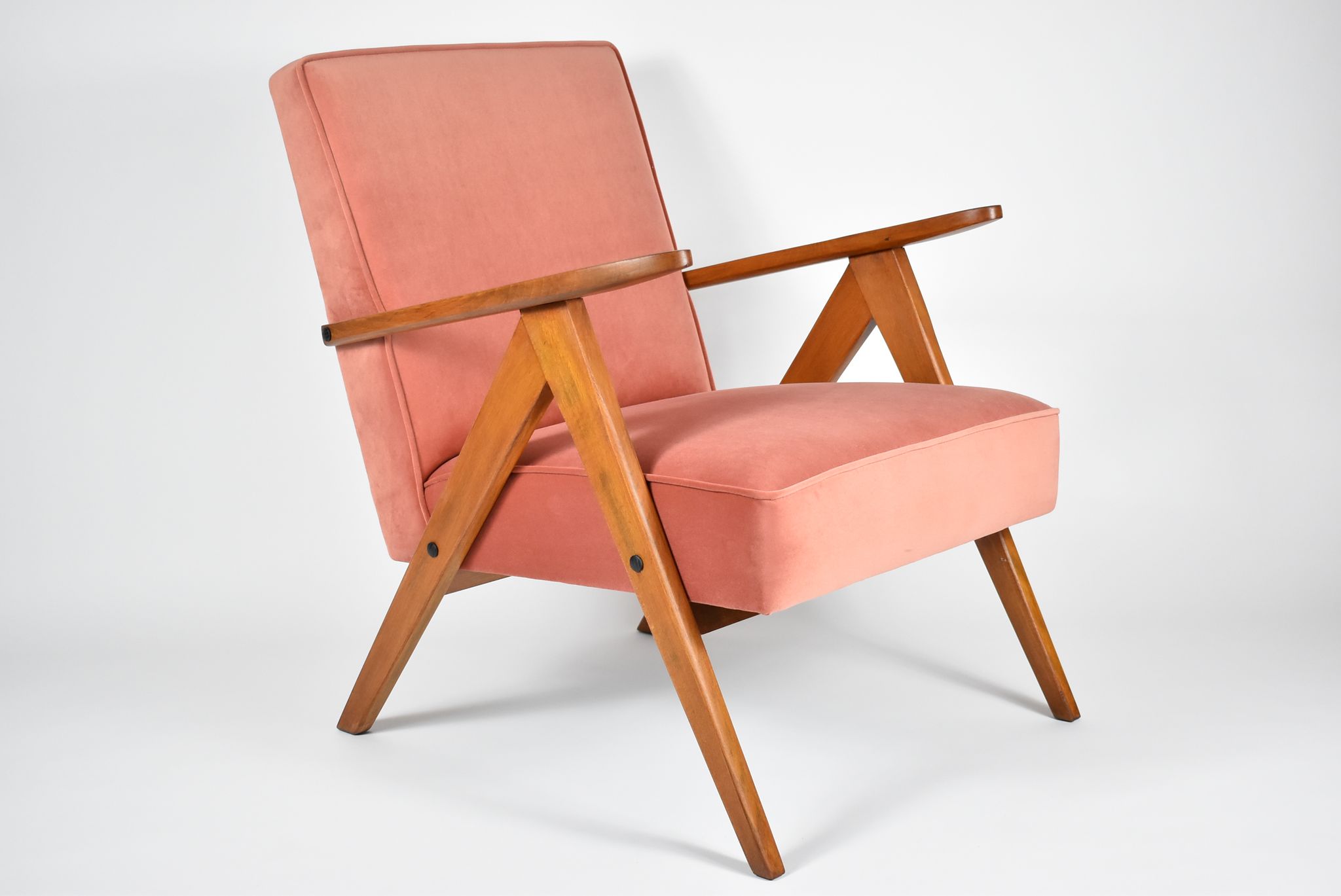 Original vintage armchair compas, restored, 1960s, velvet, pink