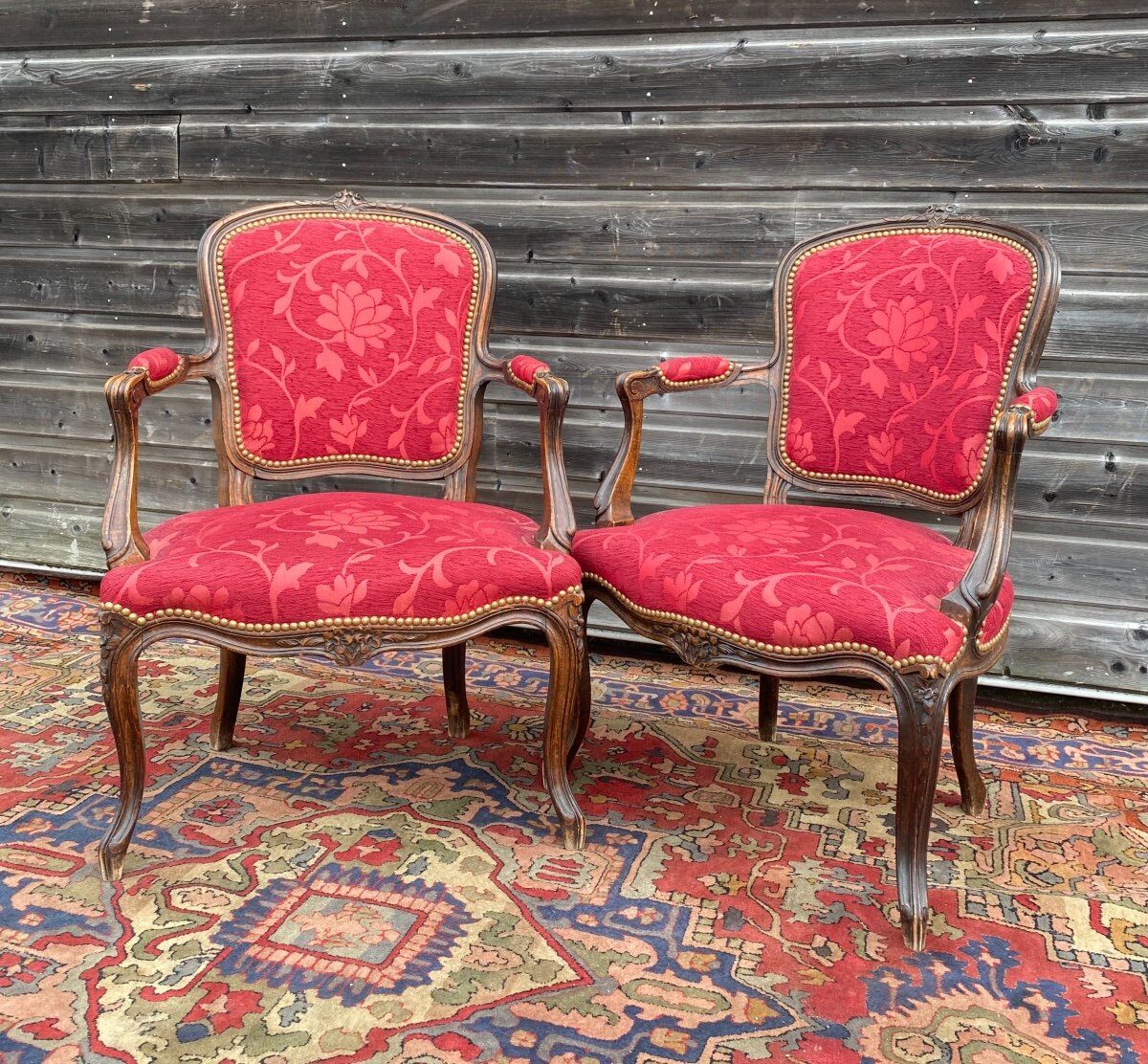 Pair of armchairs in natural wood style Louis XV XIXth century