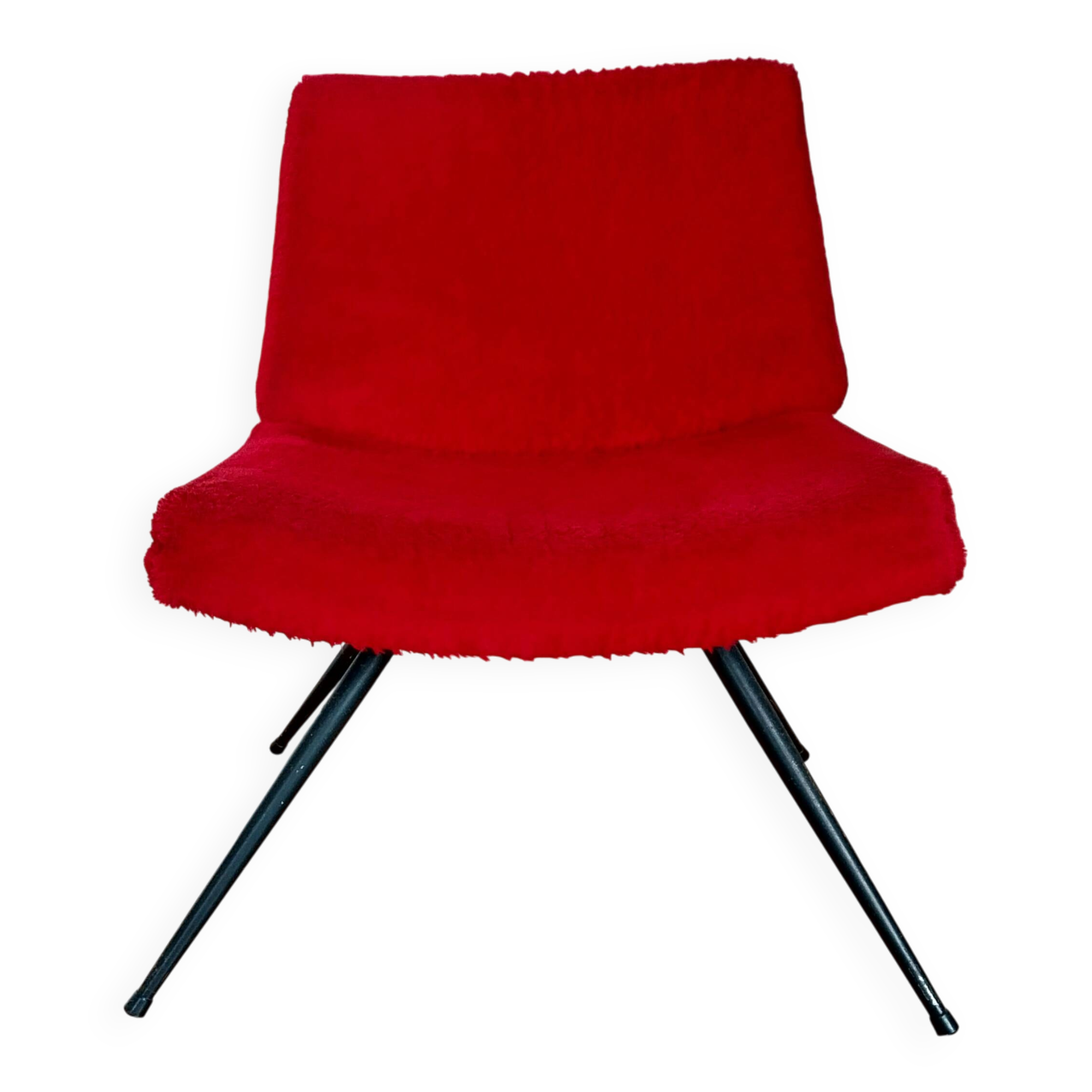 Vintage red faux fur armchair with black metal legs.