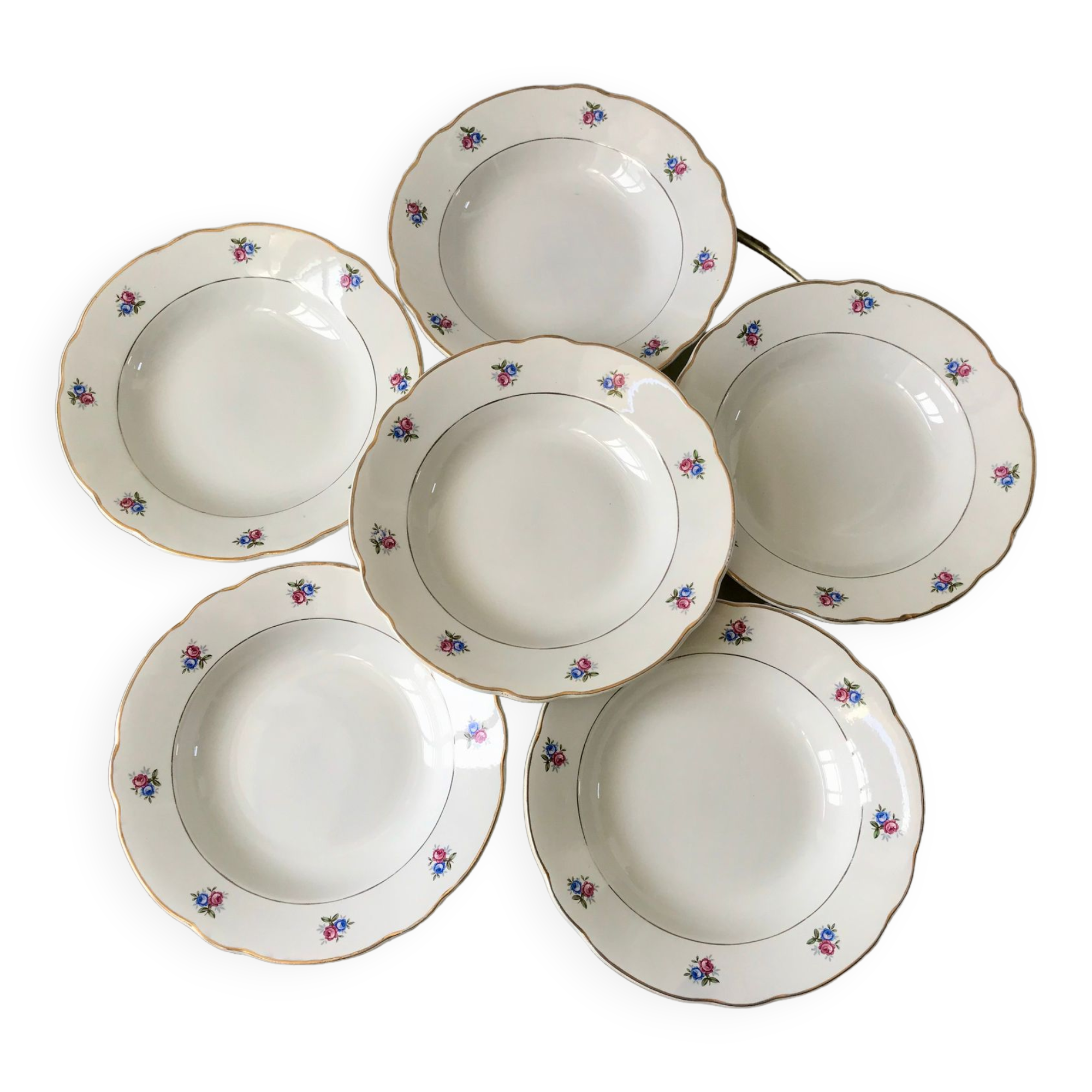 set of 6 hollow plates Digoin Sarreguemines small flowers 50s