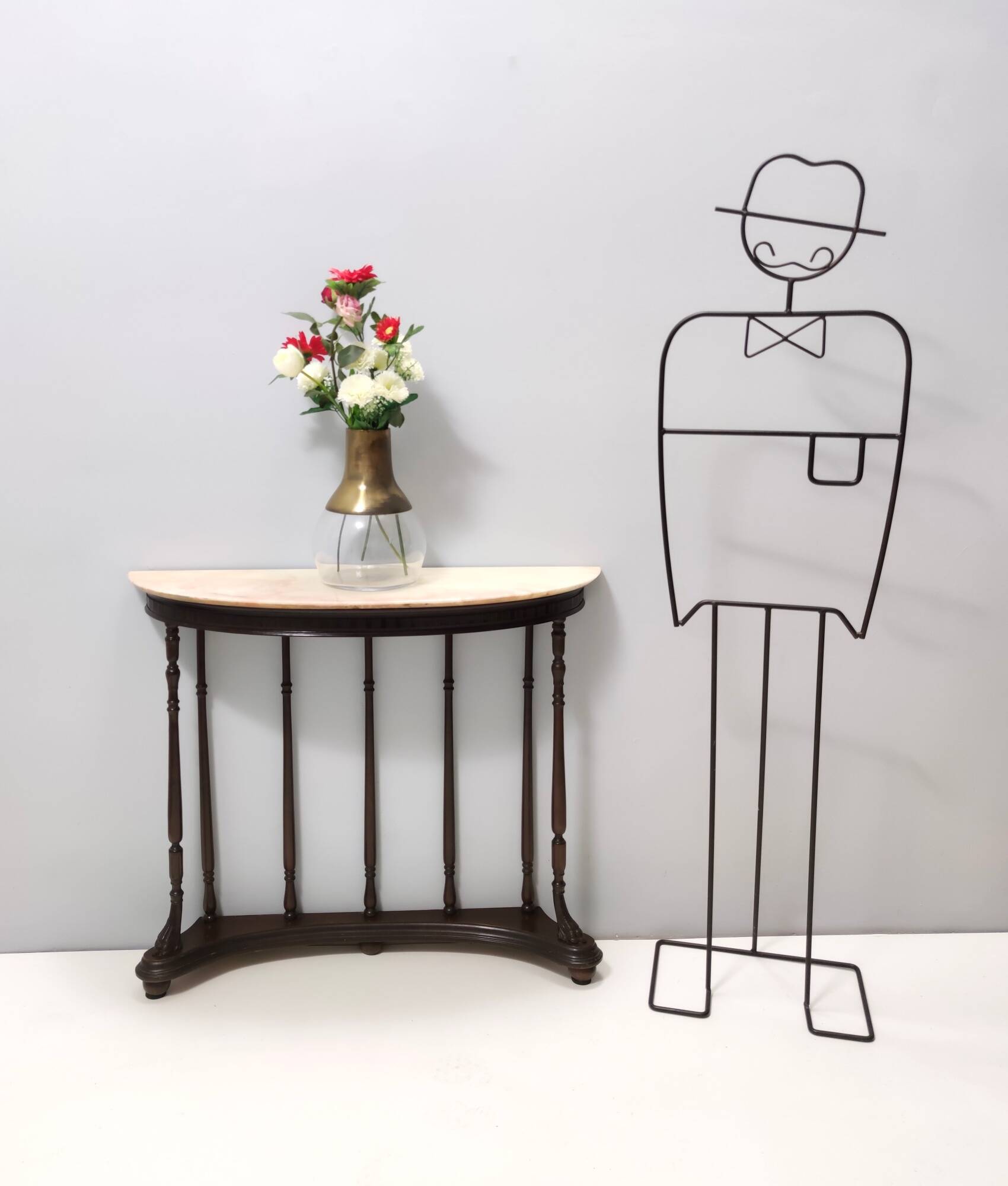 Neoclassical Style Turned Beech Console Table with a Demilune Marble Top, Italy