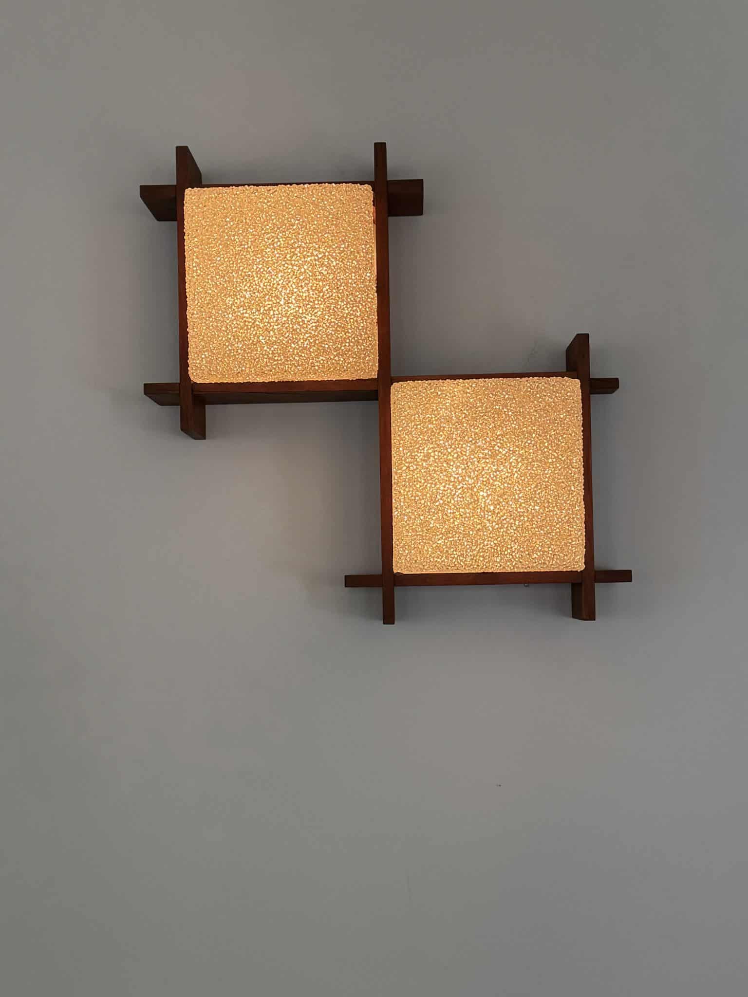 Pair of teak and Perspex wall lights – French work, circa 1955-1965