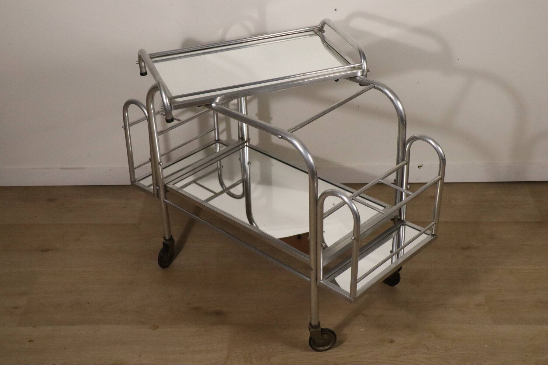 Desserte roulante vintage années 70 en métal chromé et verre miroir