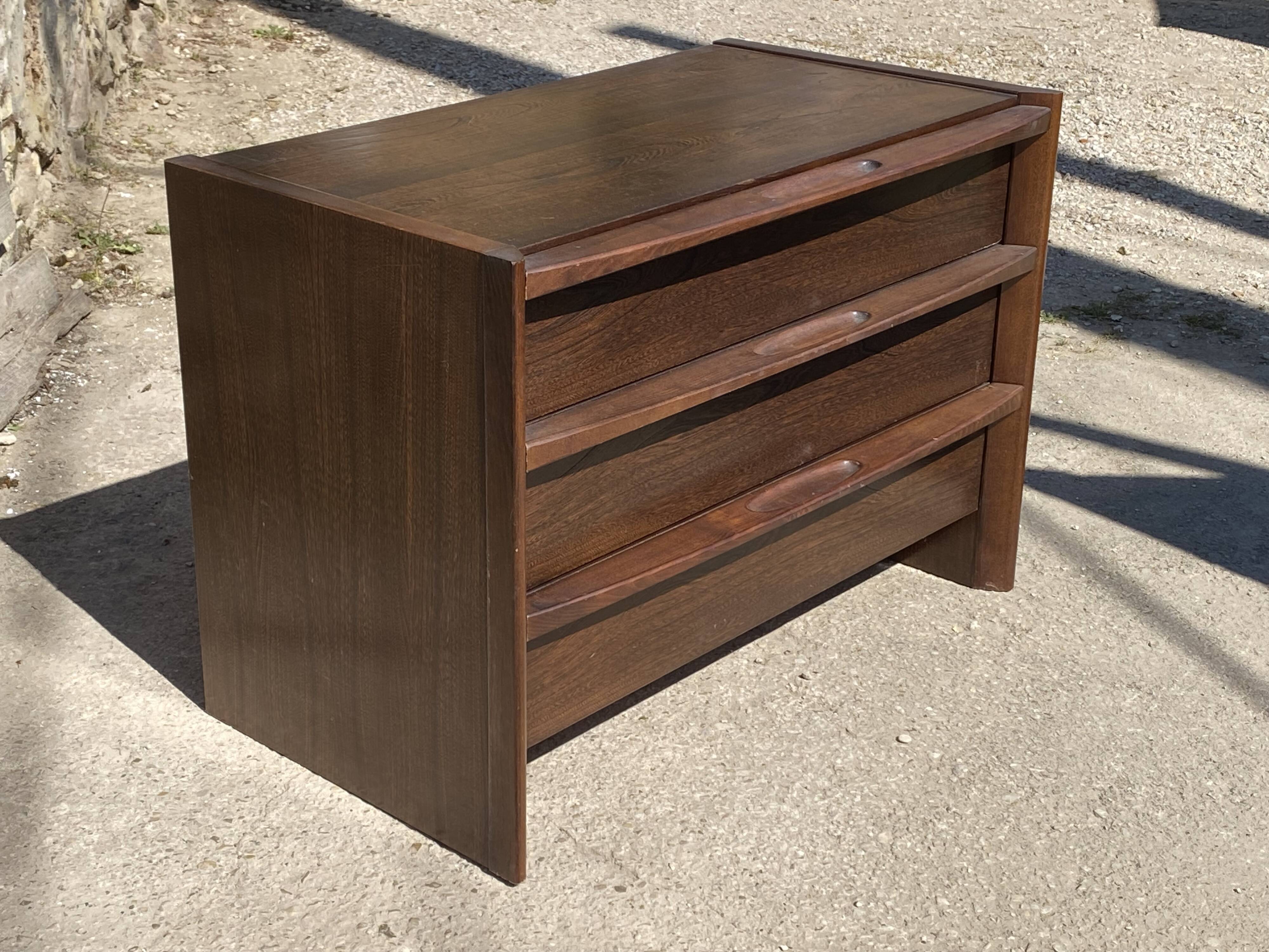 Vintage 1970s solid elm wood commode with 3 drawers.