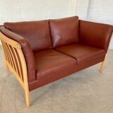 VINTAGE DANISH MID CENTURY DARK COGNAC LEATHER 2 SEATER STOUBY SOFA