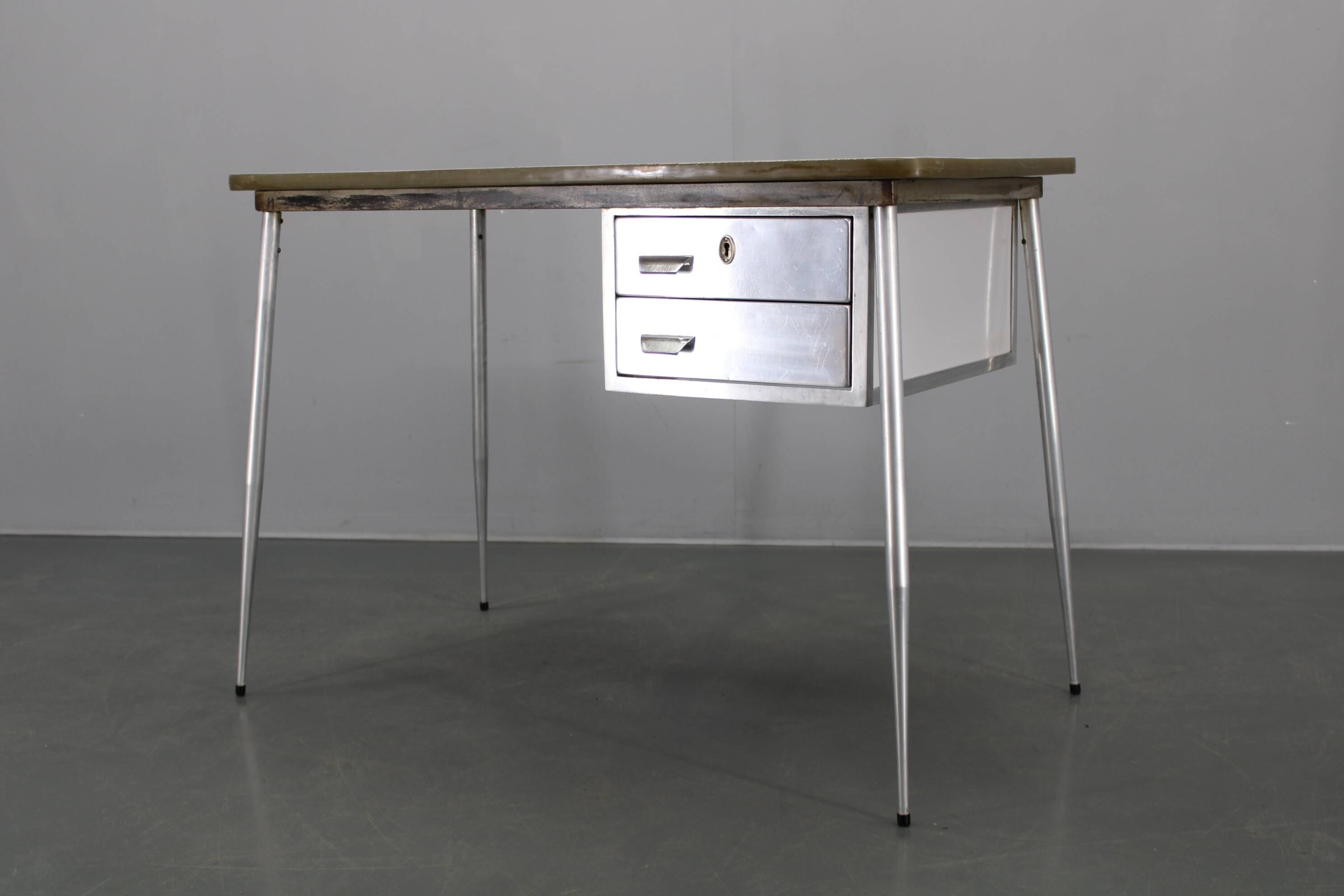 1950s Italian industrial metal and umakart desk — mid-century modern workstation