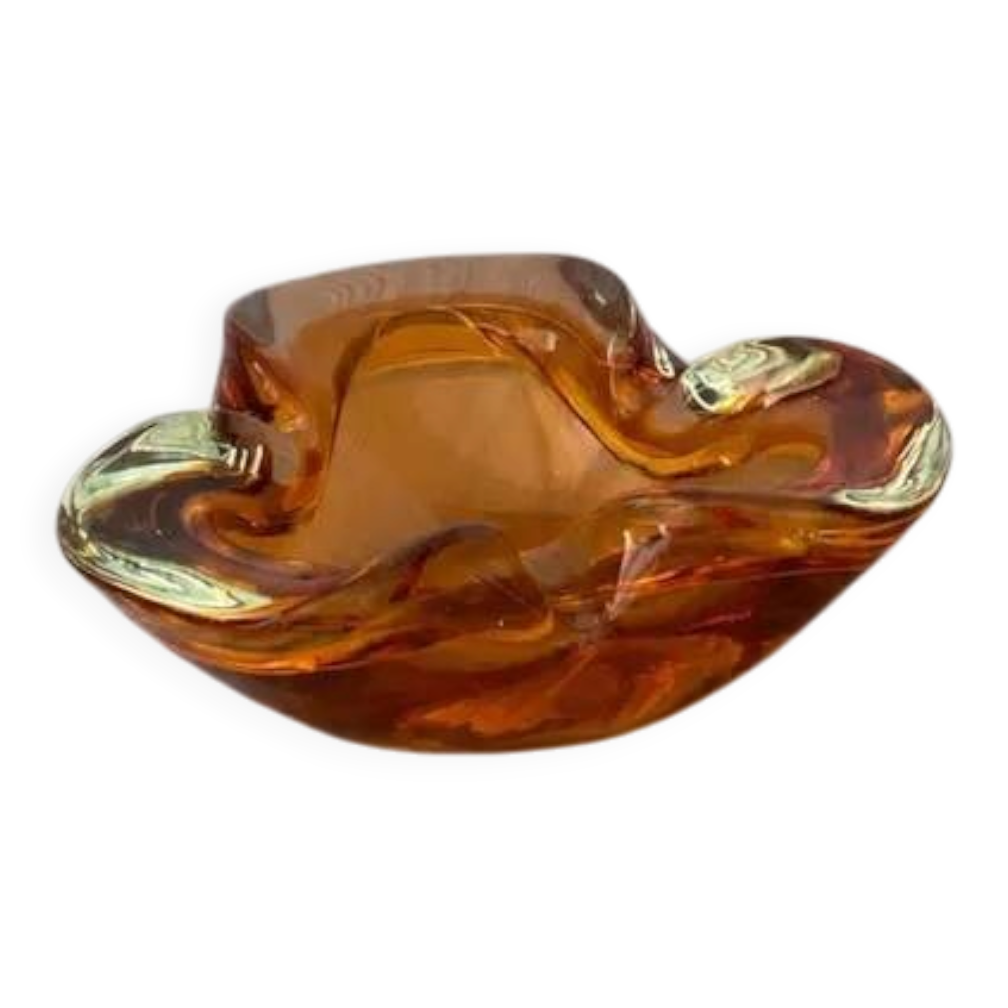 Vintage amber art glass ashtray in Murano style, sculptural free-form hand-blown bowl, glass catchall, Mid-Century Italy.