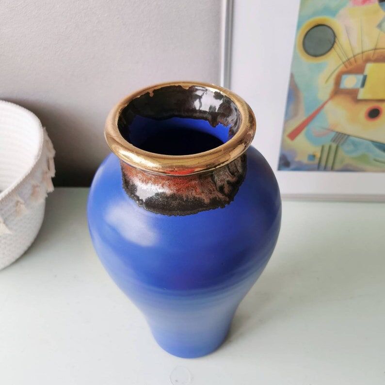 Blue vase in vintage earthenware, 80s