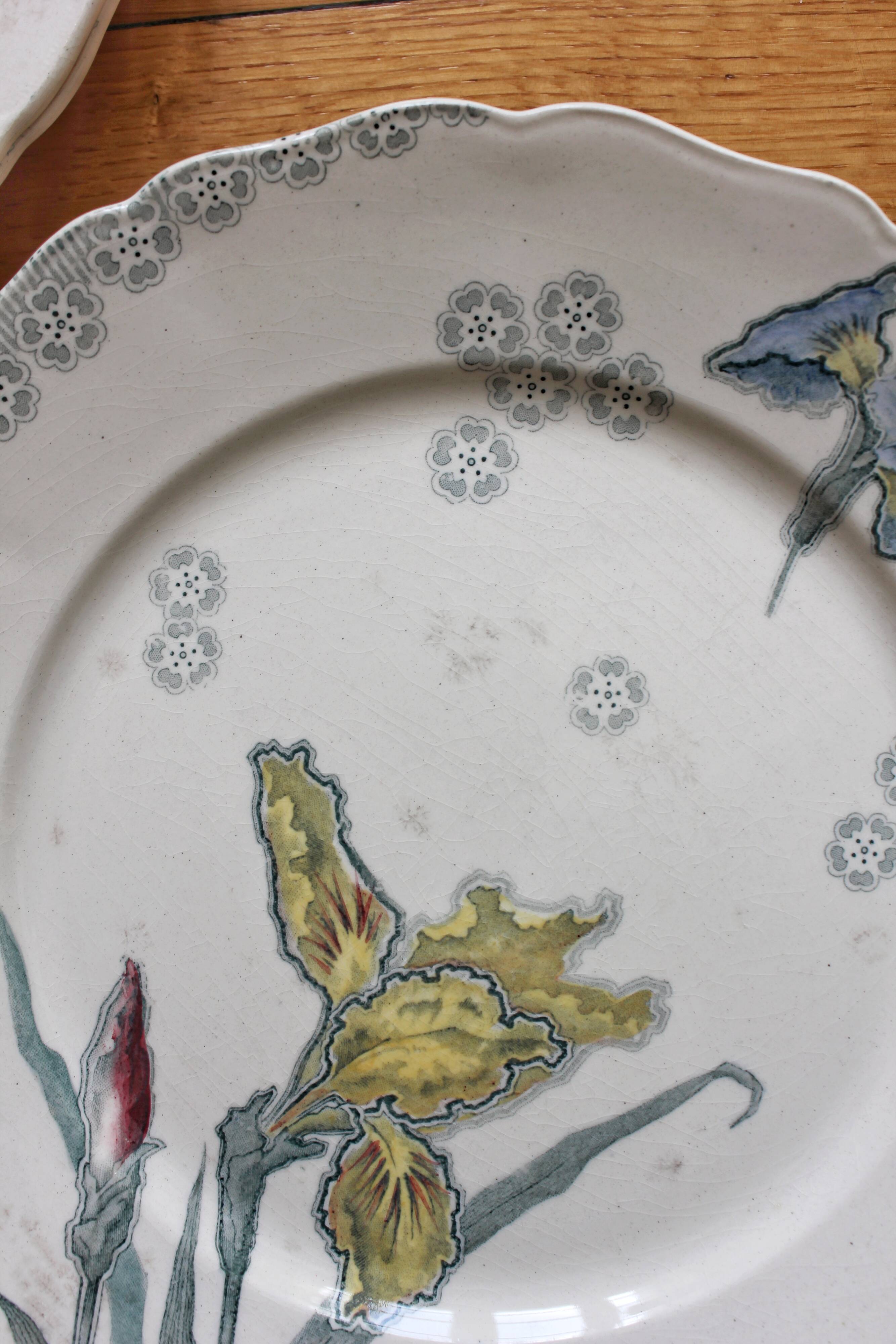 6 large flat plates in polychrome iron earth model "Iris" Choisy-le-Roi