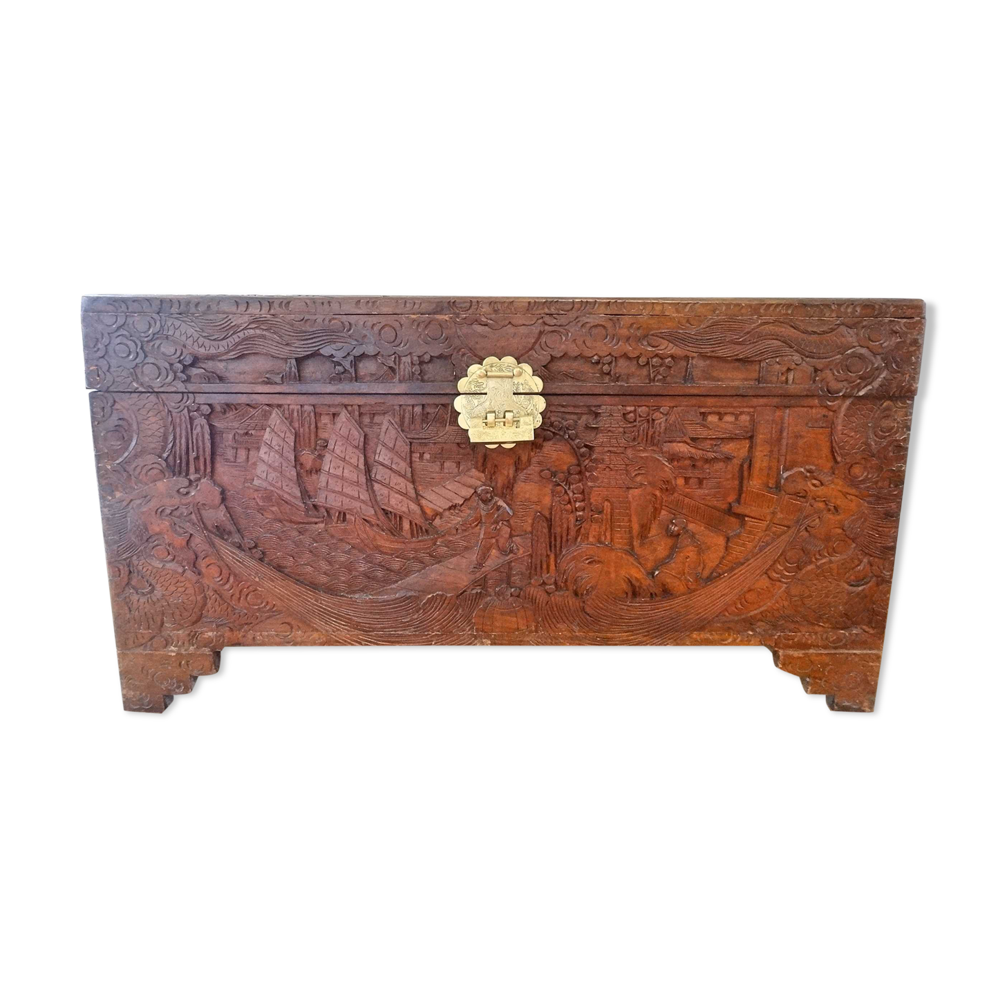 Chinese chest in solid camphor wood carved early 20th century
