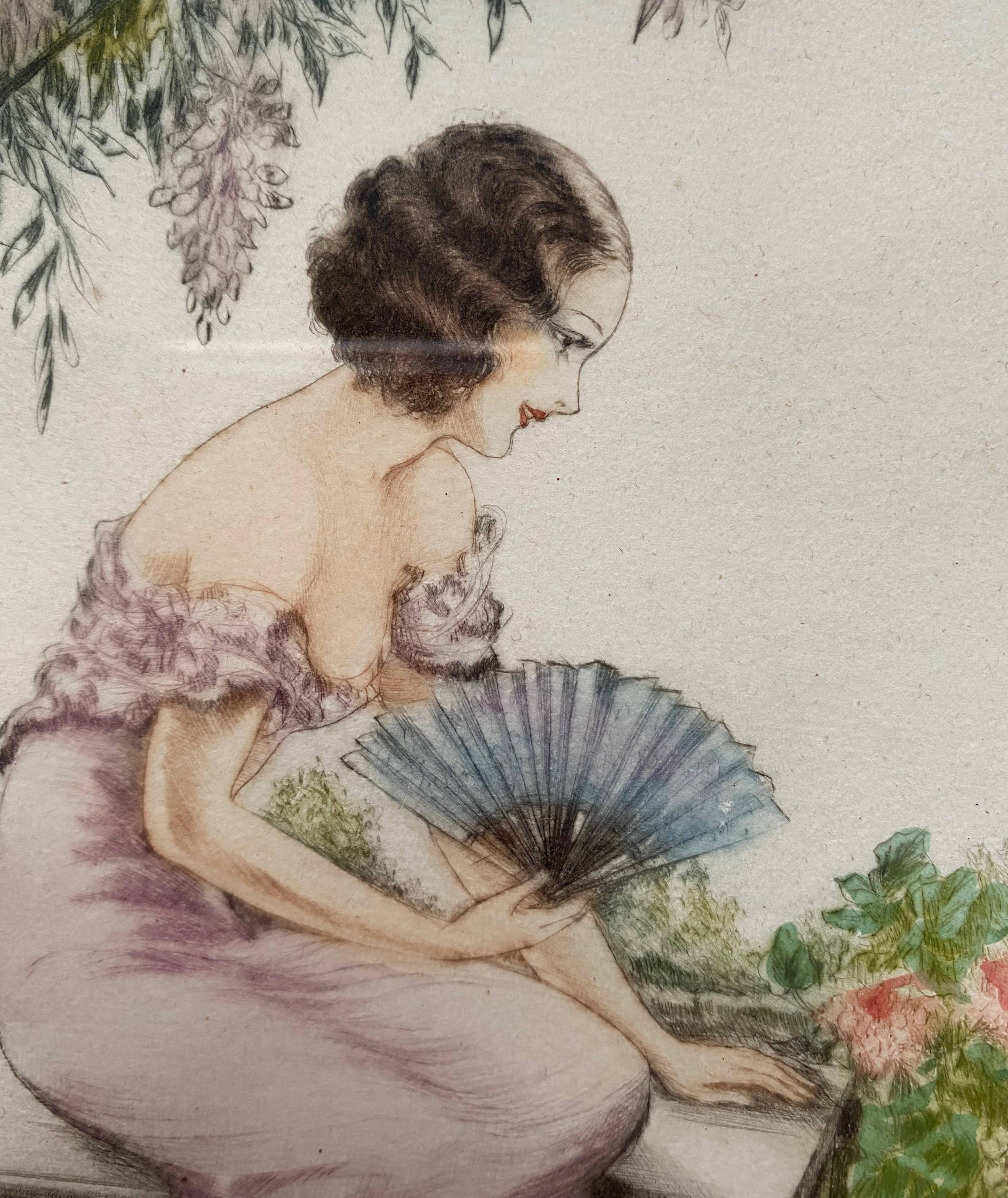 Painting (Art Deco, circa 1930) "Elegant to the fan and roses" signed André