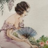 Painting (Art Deco, circa 1930) "Elegant to the fan and roses" signed André