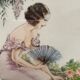 Tableau (Art Déco, circa 1930) "Elégante à l'éventail et aux roses" signé André