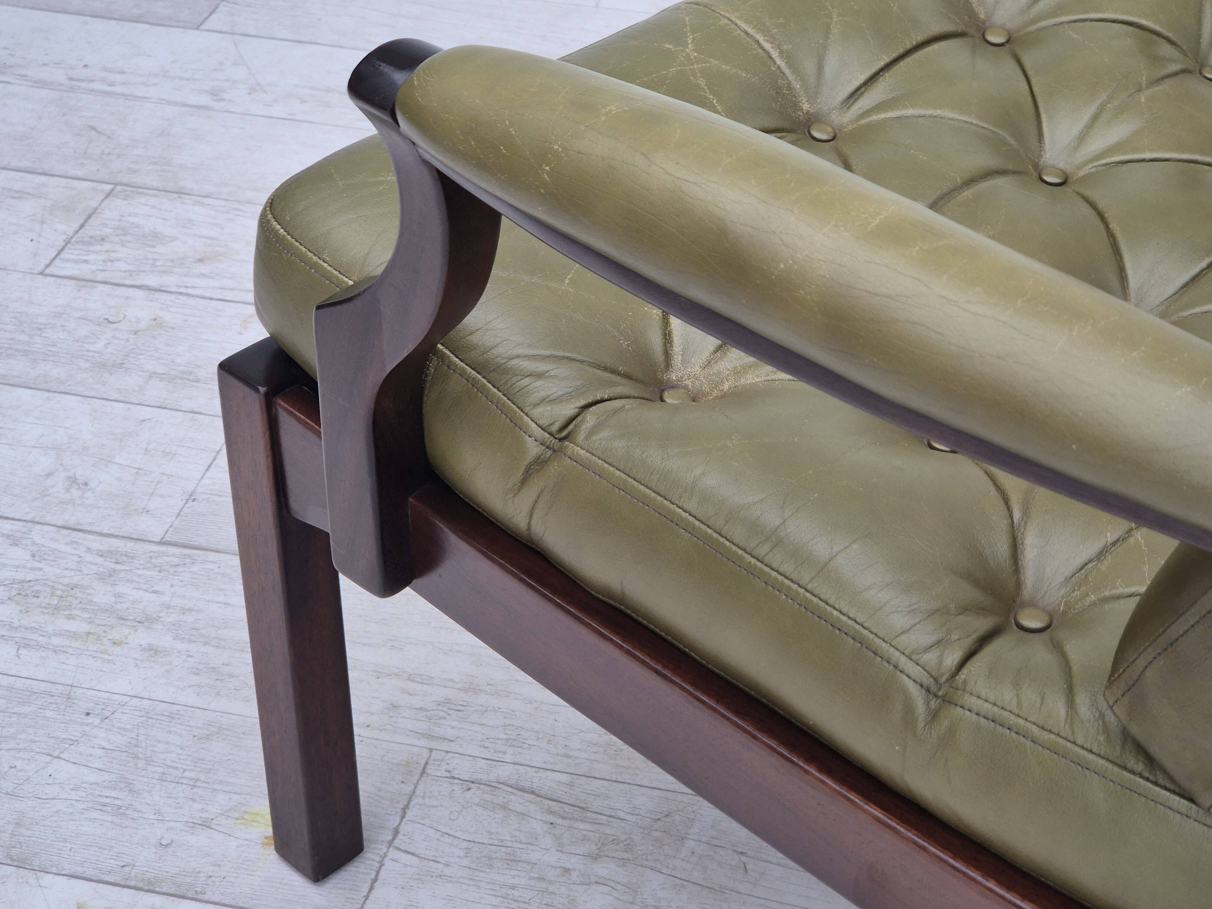 1970s, Scandinavian armchair, original condition,reen furniture leather, solid teak wood.