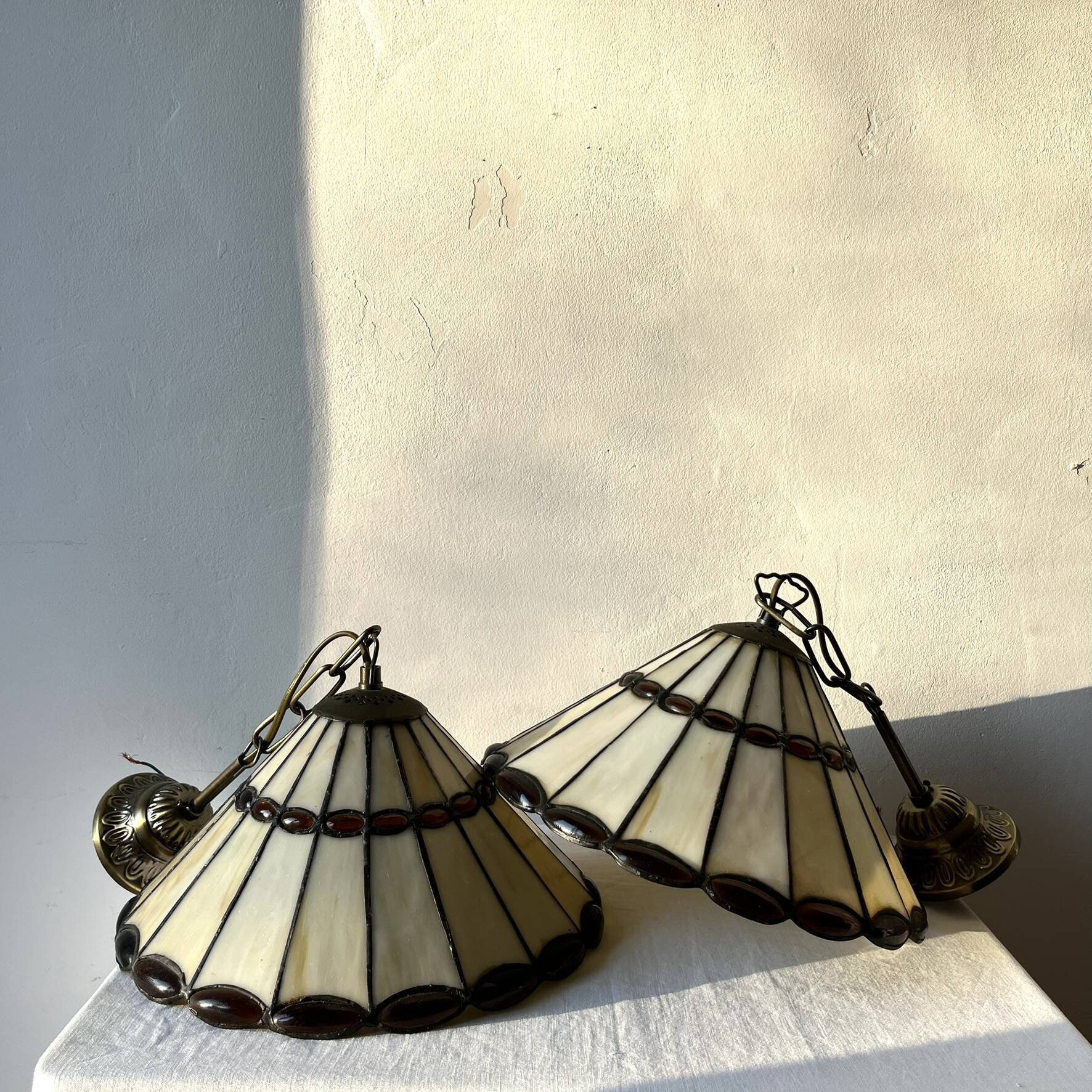 Pair of glass pendant lights in Art Nouveau Tiffany style