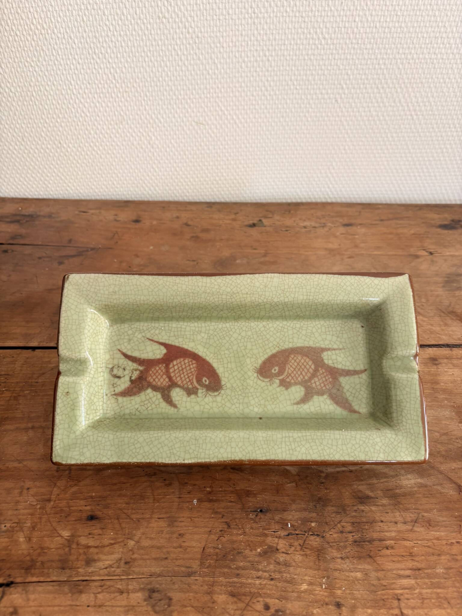 Celadon Ashtray Fish China Japan Cracked Asian Ceramic 20th Century
