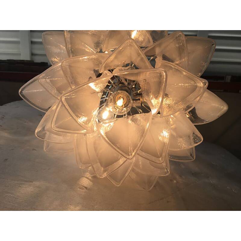 Italian White and Transparent Murano Glass Chrome Metal Frame Chandelier Sputnik