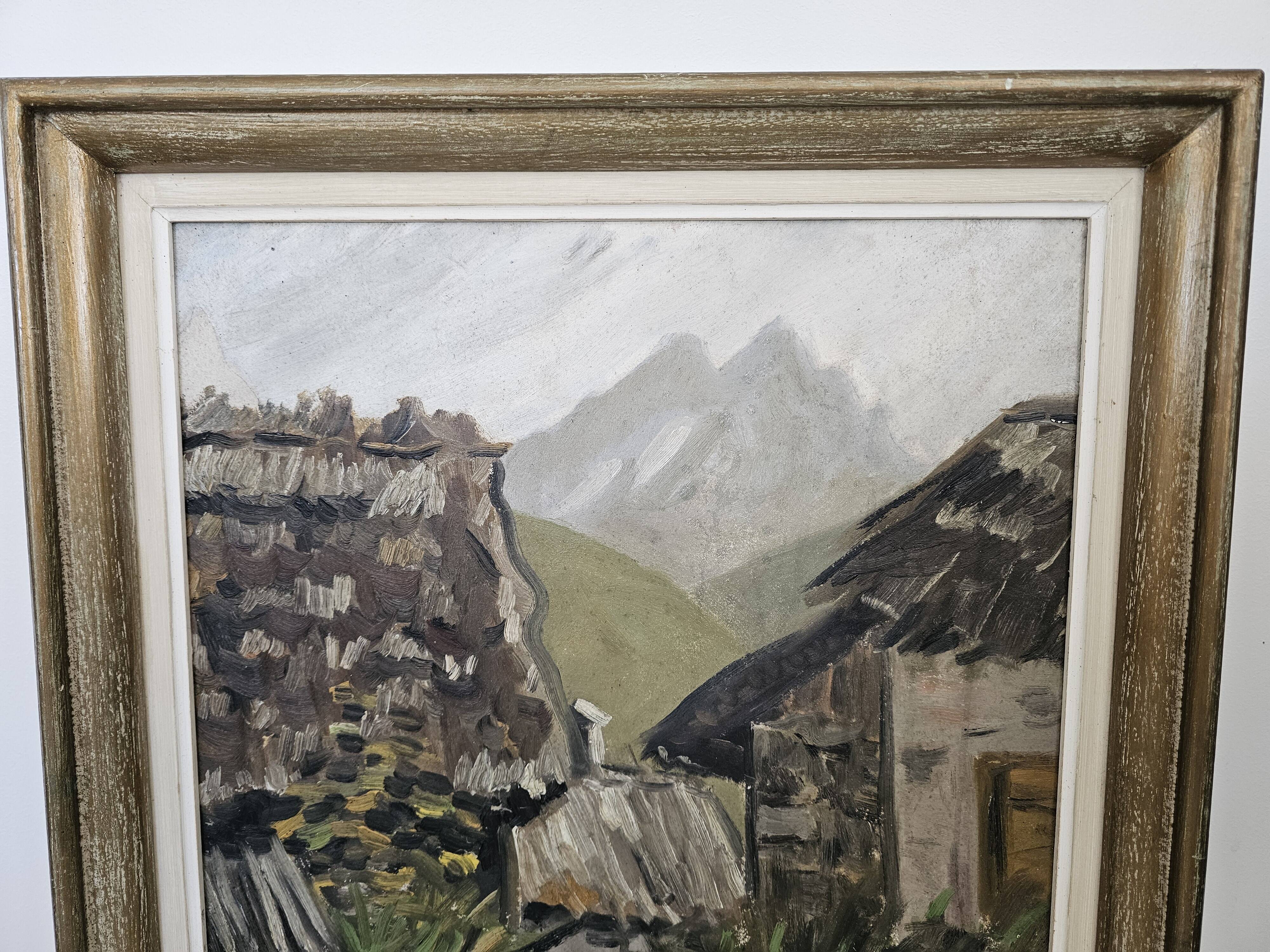 Oil on Cardboard - Mountain Chalet Landscape Signed Jean