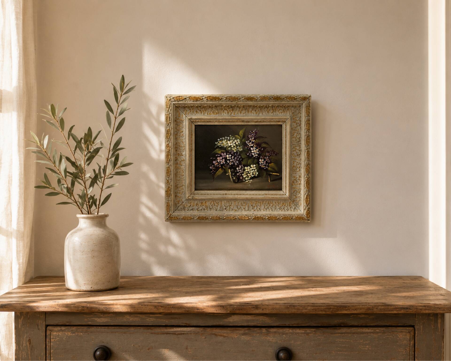 Huile sur panneau ancienne, bouquet de fleurs, cadre en bois sculpté d