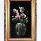 Set vintage original velvet flower oil painting, pair of flower still life art