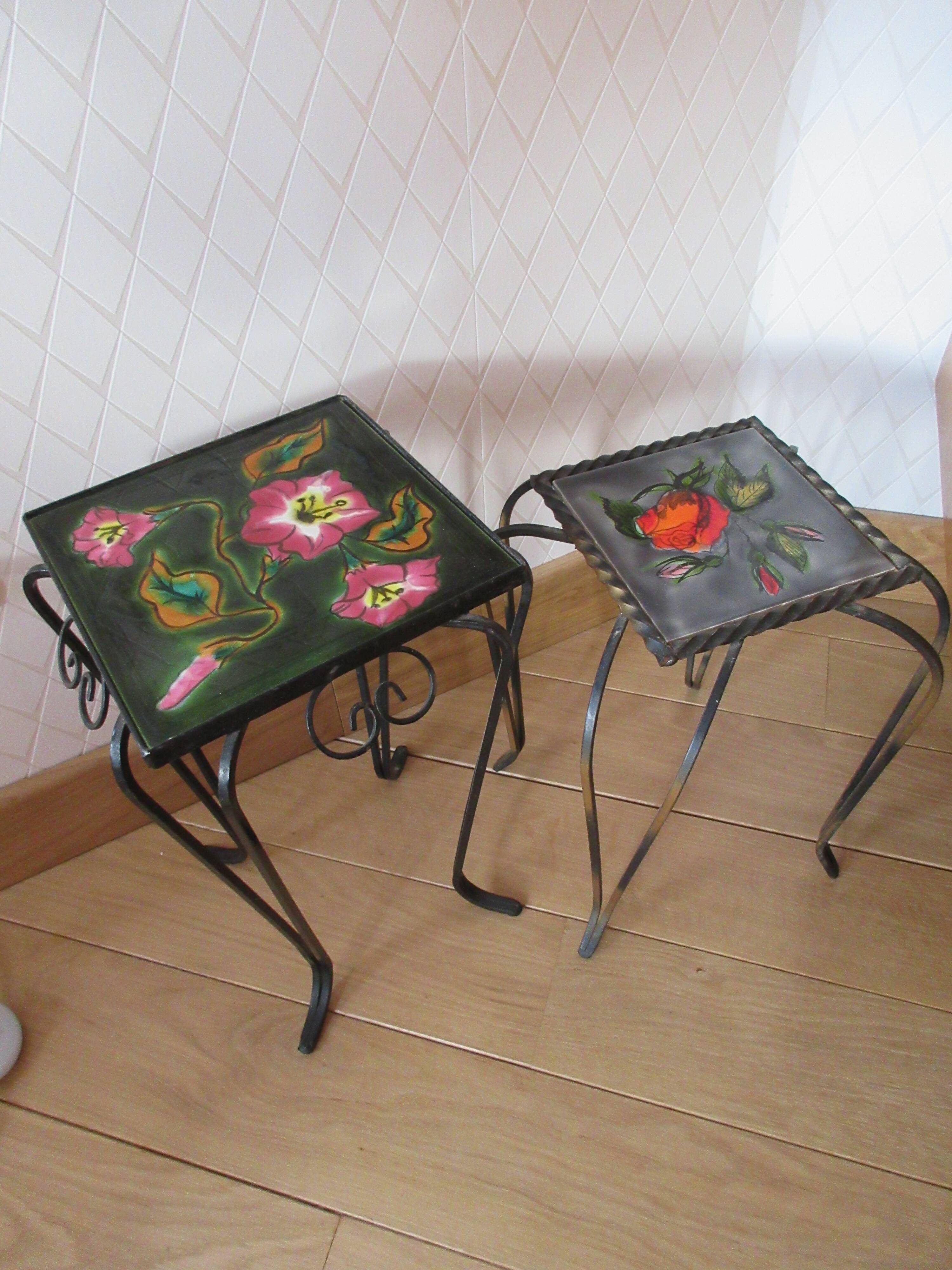 wrought iron and earthenware tile side table