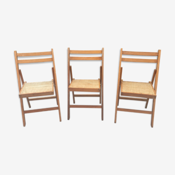 3 chaises pliantes bois et cannage vintage