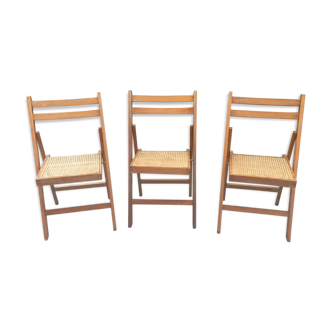 3 chaises pliantes bois et cannage vintage
