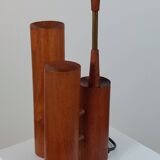 Vintage 50s wooden table lamp with pleated shade.