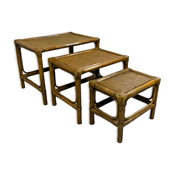 Tables gigognes en rotin, années 1970