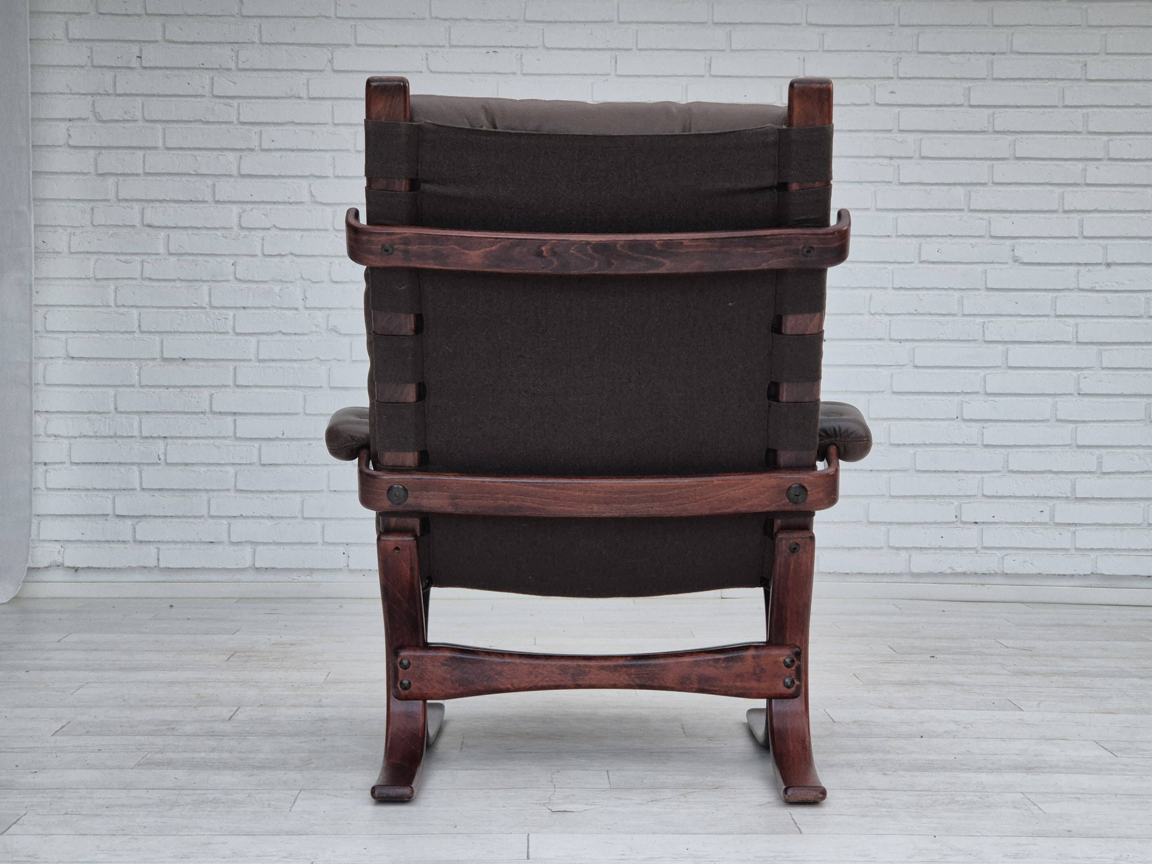 1970s, Scandinavian armchair, original condition, furniture leather, bent wood, canvas.