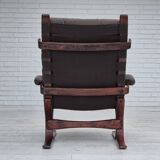 1970s, Scandinavian armchair, original condition, furniture leather, bent wood, canvas.