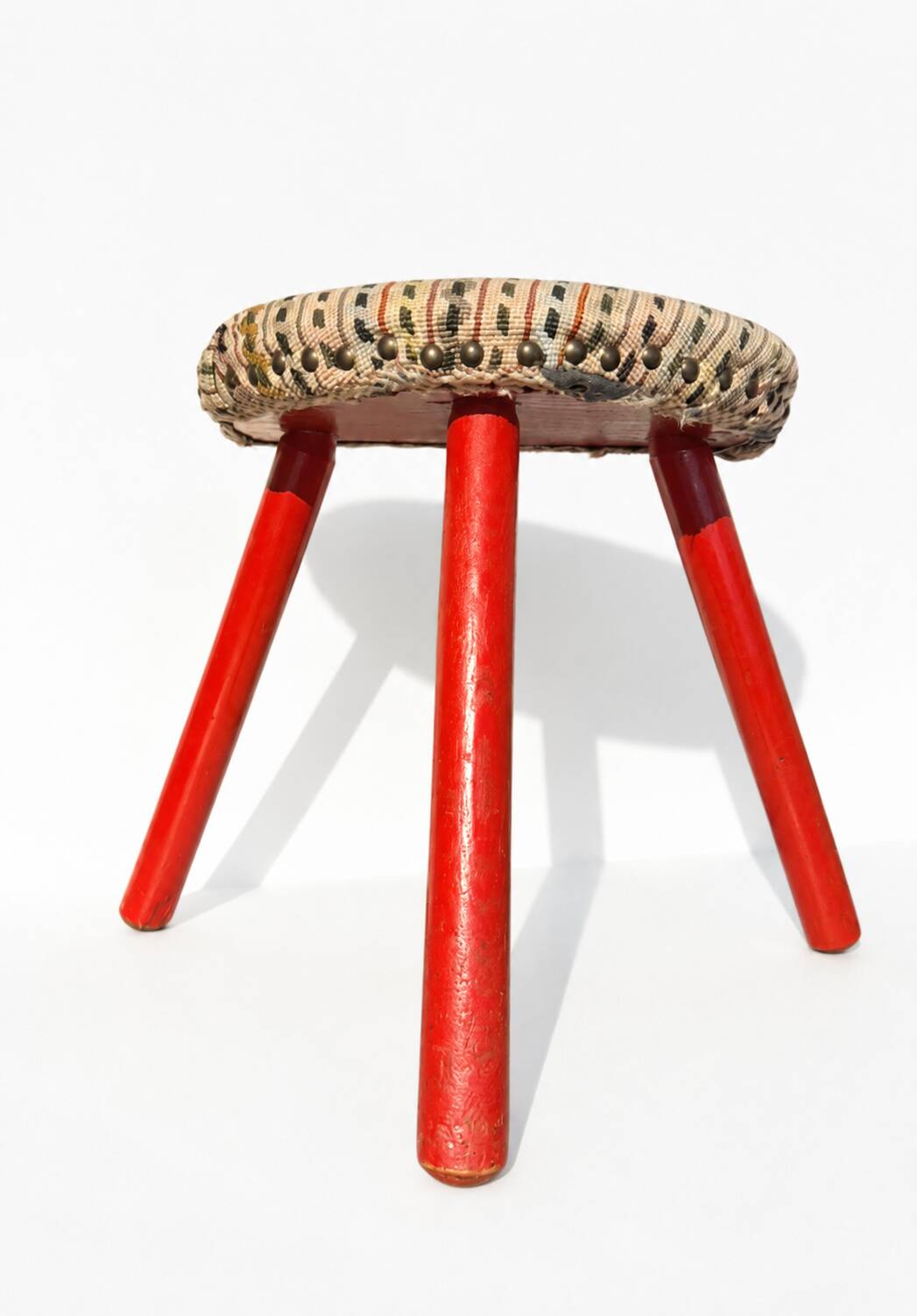 Vintage Tripod Stool Kilim Red Oval Footrest 35cm Firm