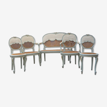 Ensemble canapé, 2 fauteuils et 2 chaises style Louis XVI
