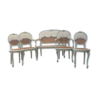 Ensemble canapé, 2 fauteuils et 2 chaises style Louis XVI