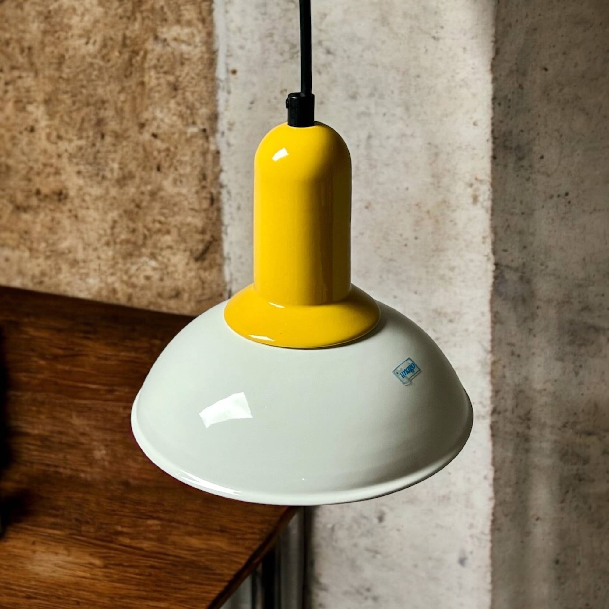 Vintage 80s Yellow Ceramic Pendant Lamp by Imago Italy - New Old Stock