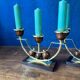 Pair of Art Deco candlesticks in brass and varnished wood, 1930s/1940s
