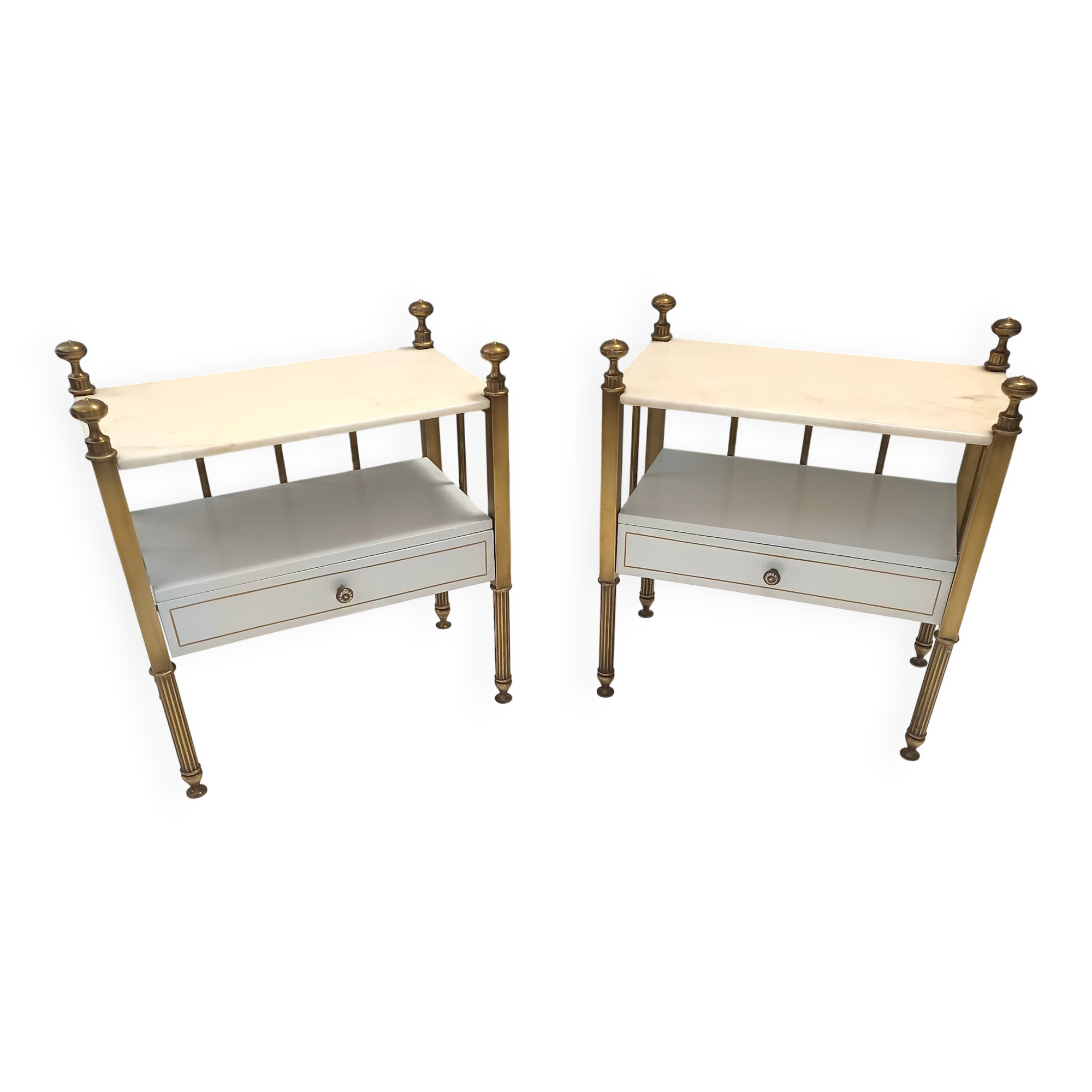 Pair of Brass and White Lacquered Nightstands with Marble Tops, Italy