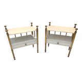 Pair of Brass and White Lacquered Nightstands with Marble Tops, Italy