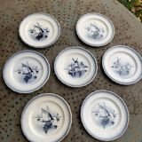 Set of 7 small dessert plates, Saint Amandinoire, Saint Amand decorated with sailboats
