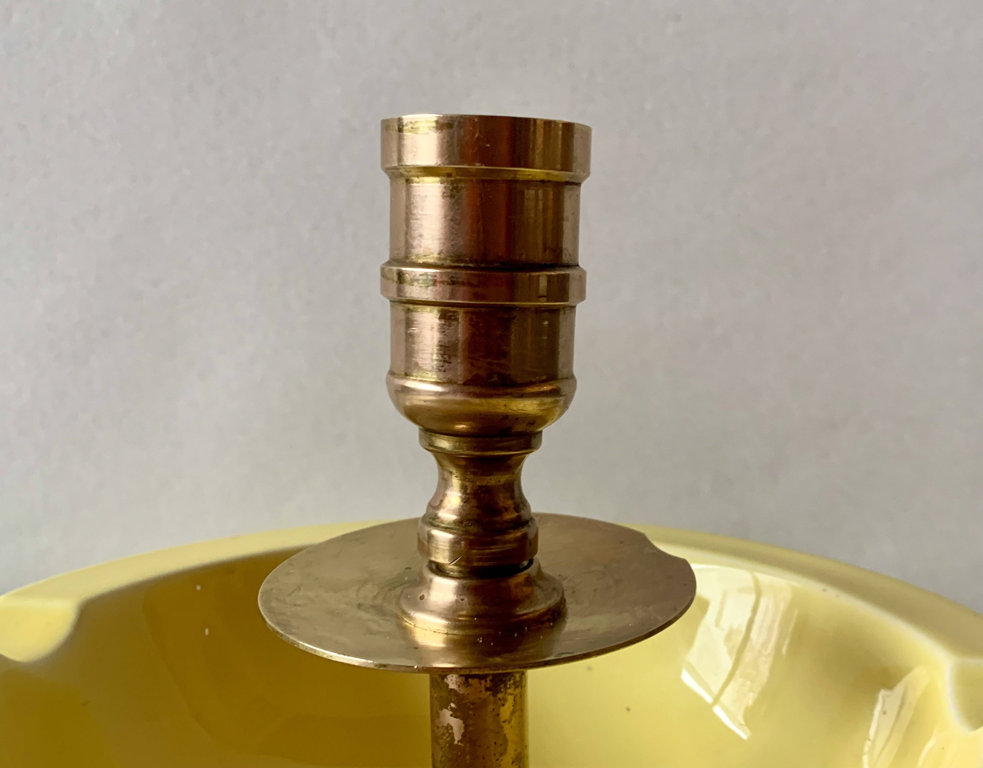 Large vintage brass and yellow glazed ceramic candle holder-ashtray