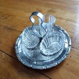 Glass salt and pepper shakers, stainless steel tray