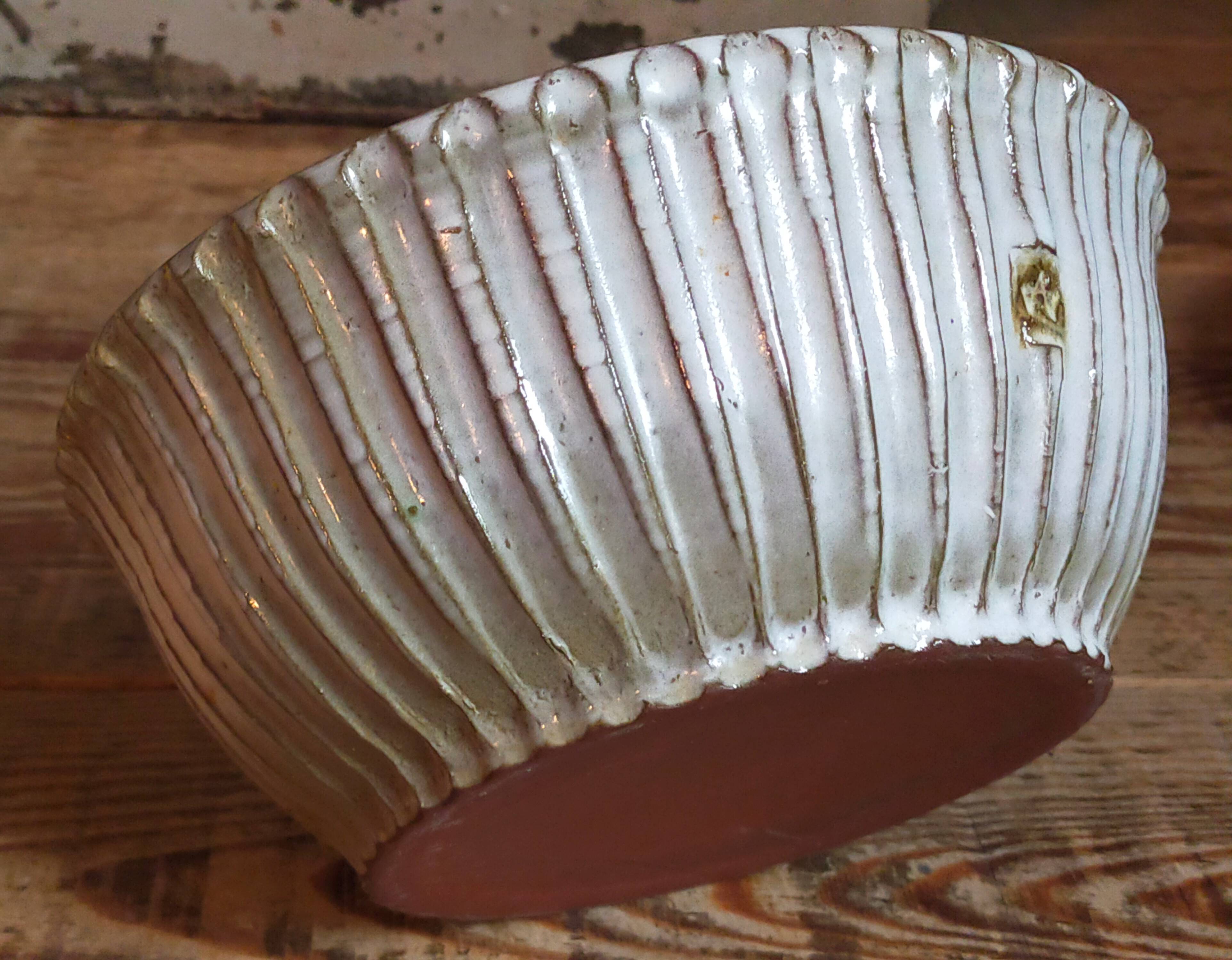 Vintage fluted enameled earthenware potter's salad bowl