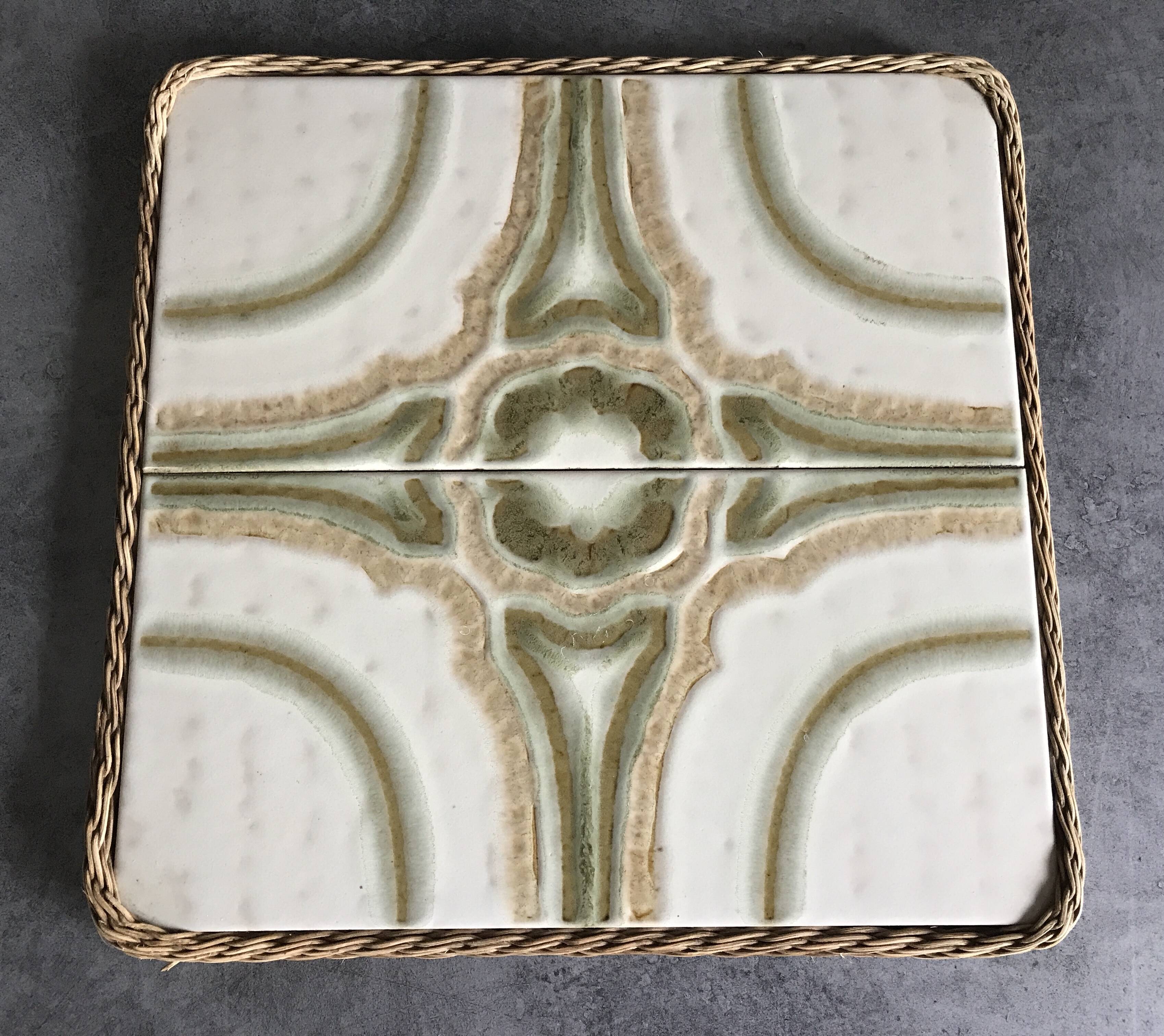 Ceramic tile trivet with vintage pattern woven wicker outline