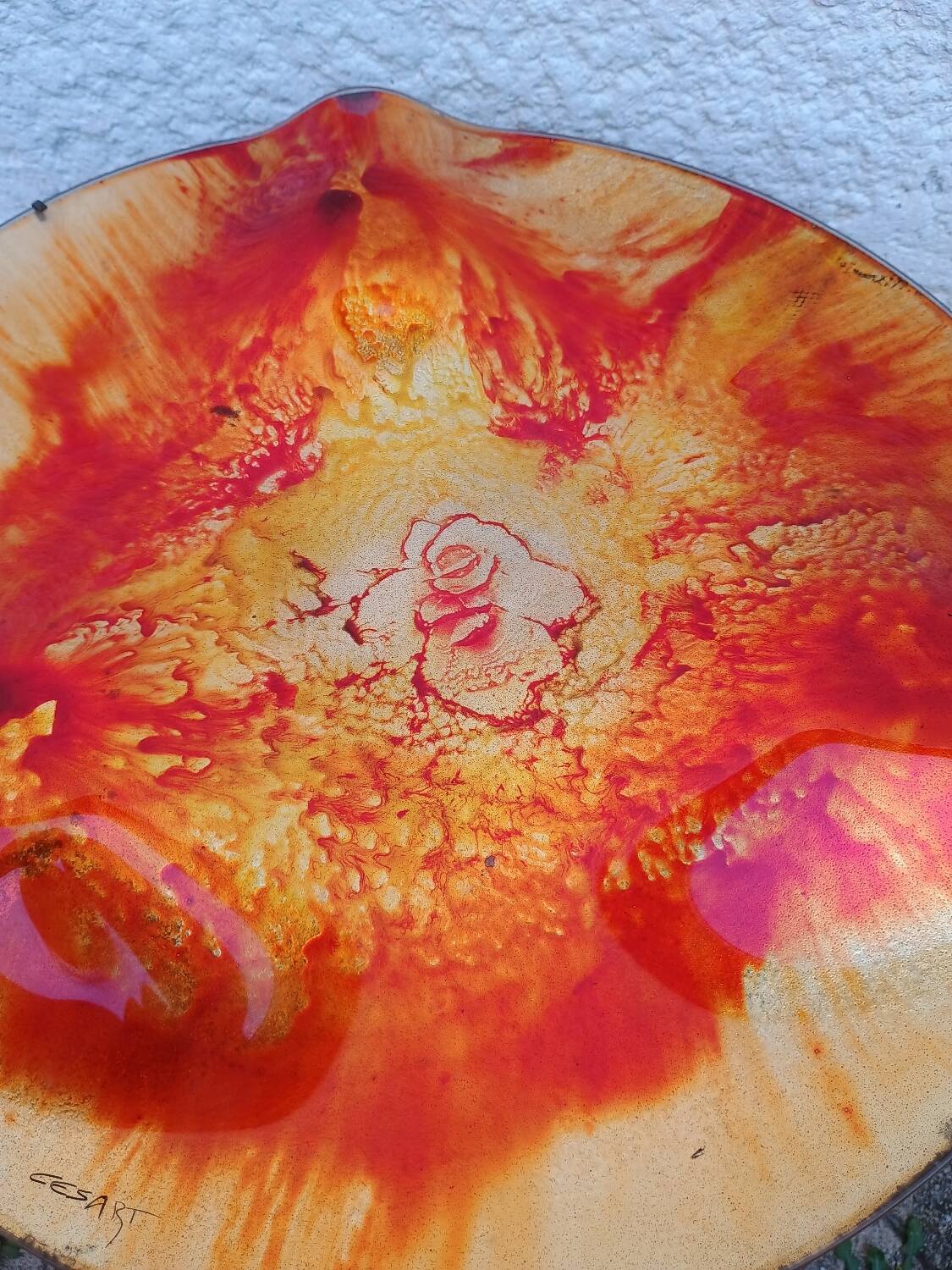 Contemporary decorative glass plate signed Cesart Italy 1980 glazed