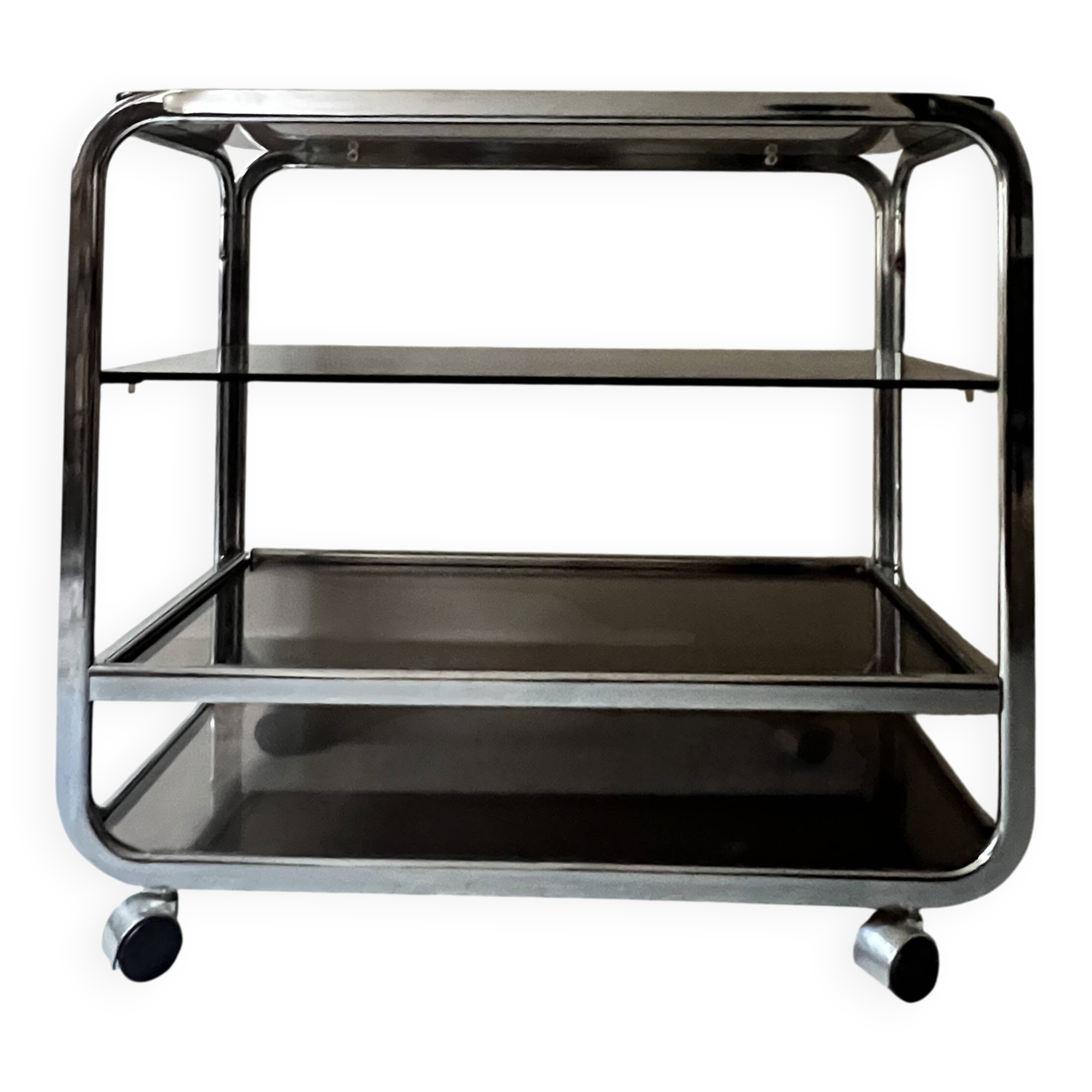 Hi-fi furniture sideboard/bar in smoked glass and chrome, 1970s design.